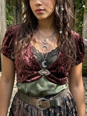 Chocolate Brown Crushed Velvet Cropped Bolero Shrug Rhinestone Clasp Size L